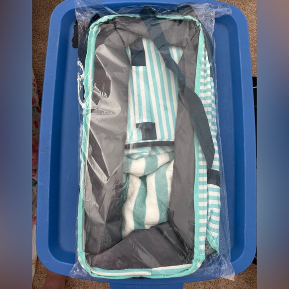 Striped Mint Travel Tote Bag with Navy Accents - Picture 3 of 4